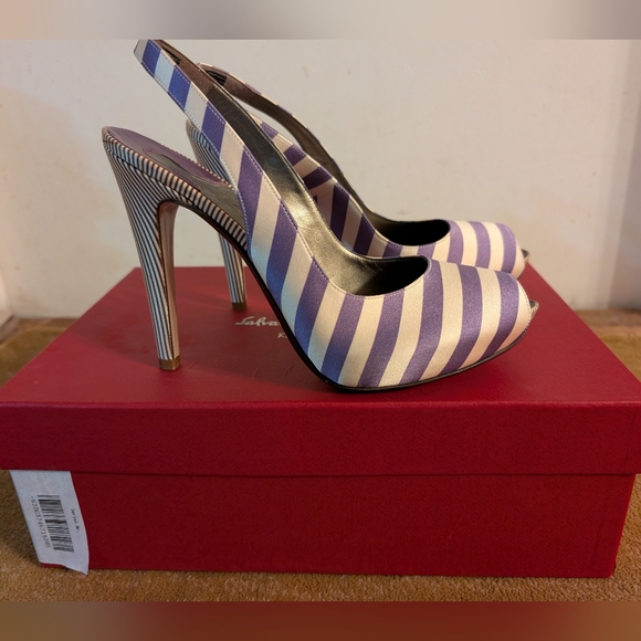 NIB Salvatore Ferragamo Fioretto Satin Purple Striped Slingback Pumps 8.5 - Picture 5 of 11
